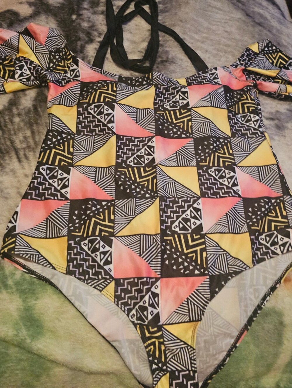 Womens Geometric One-Piece Swimsuit in Yellow & Pink